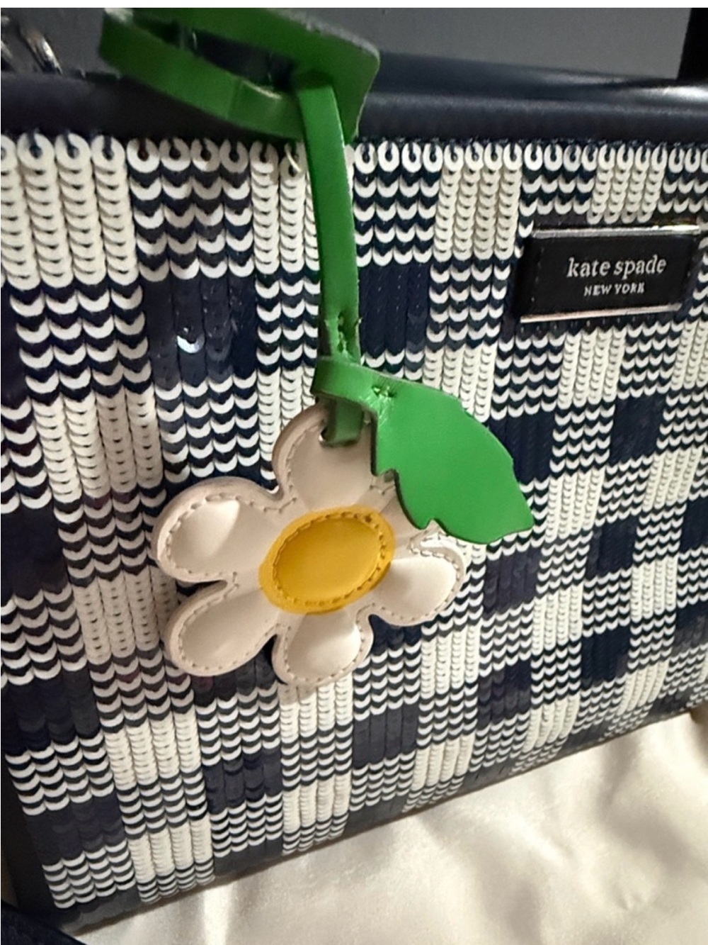Kate Spade Sam Icon Gingham Sequin Tote w/ Branded Dusty & Daisy Charm - NWT - Picture 2 of 10